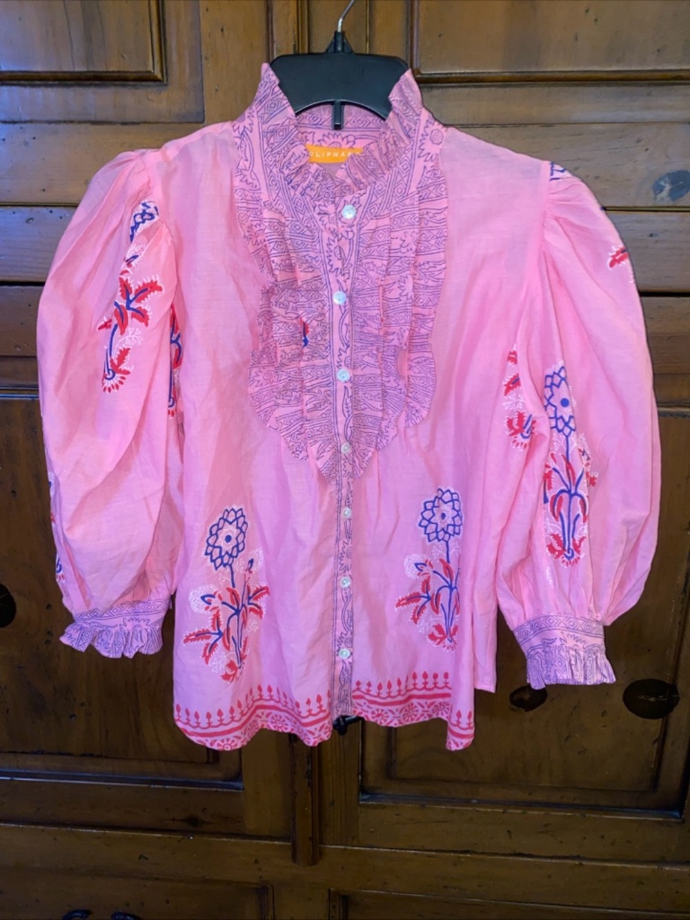 Oliphant Ruffle Front Blouse-Pink with Hand-Blocked Floral Design-XS